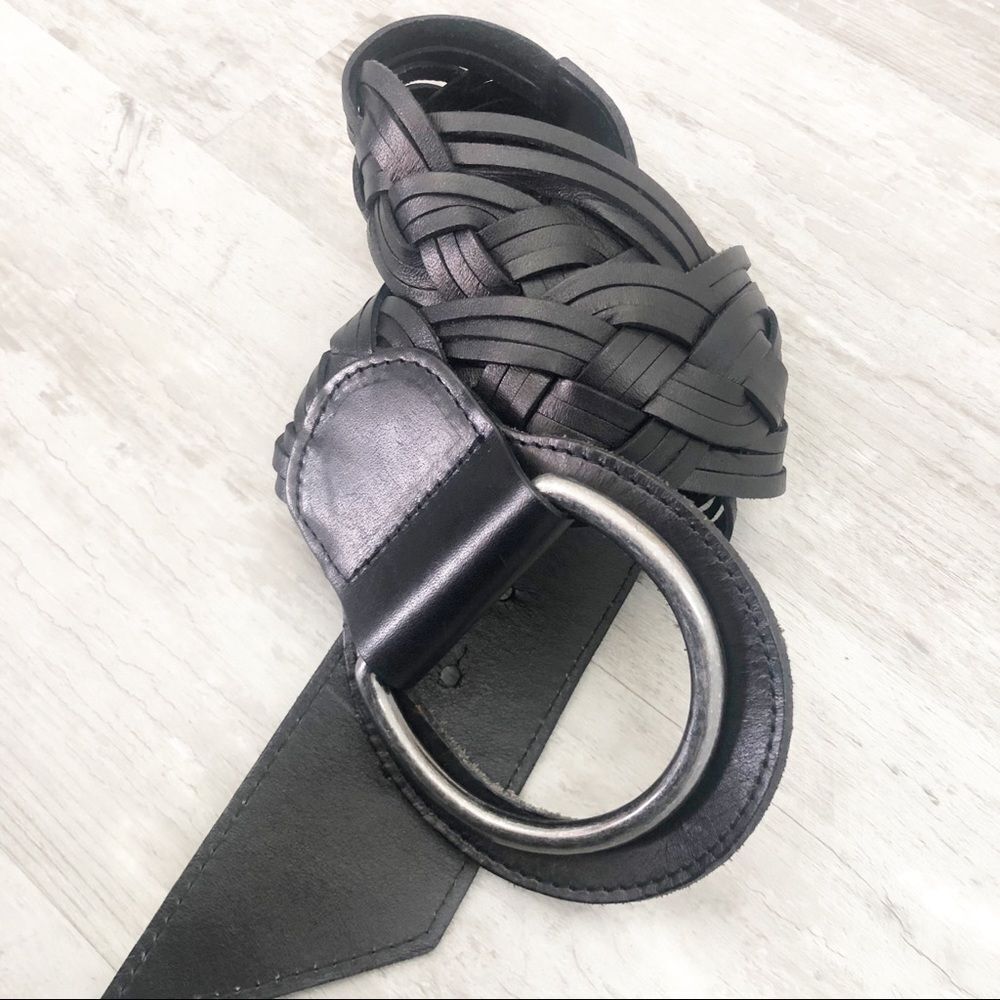 BALI BELT | Black Leather Braided Belt Large Silver Ring